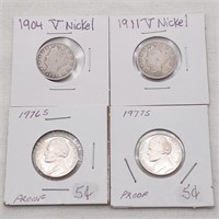 1904, 1911 V Nickels, 1976S, 1977S Proof 5 Cents