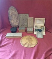 Assortment of wooden decor, boxes, pyrographic