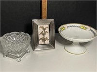 Pedestal Dish, 3 Claw Pressed Glass, & VTG frame
