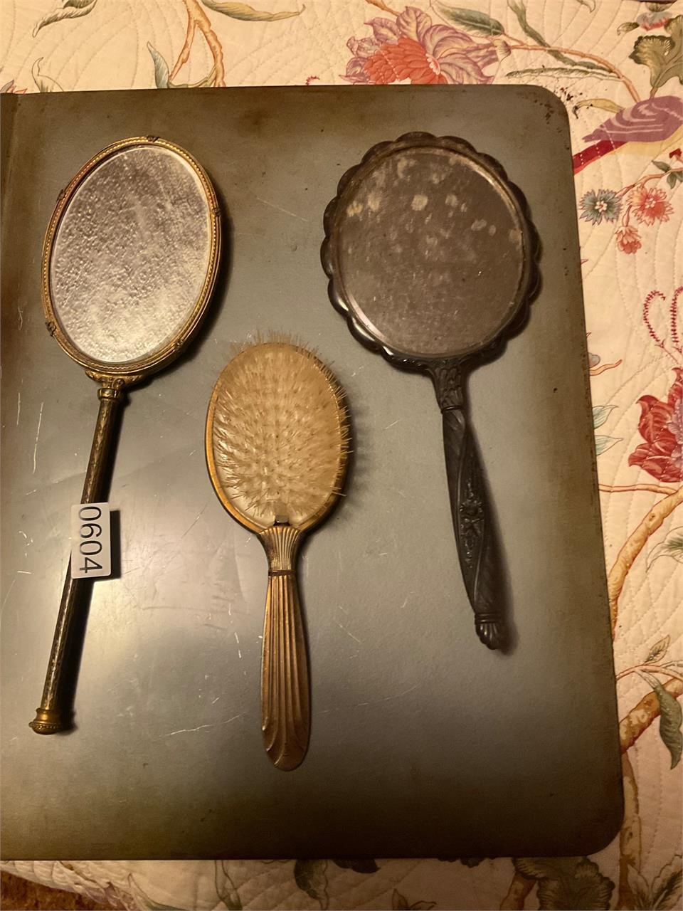 2 vintage hand mirrors and brush