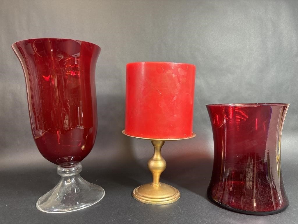 Two Red Vases & Gold Toned Candle Holder w Candle