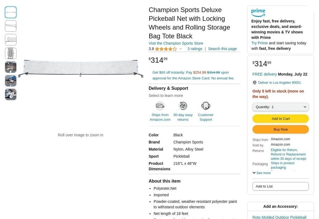 W8641  Champion Sports Pickleball Net, Black