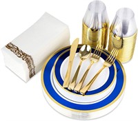 Blue and Gold Rim Plastic Dinnerware (200-Piece)