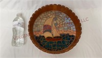 Vintage Wood Tray / Bowl w Mosaic Boat Design