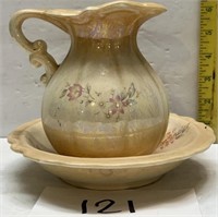 Vtg ceramic floral pitcher & bowl