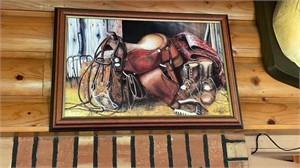 Nicely Framed Picture on Canvas of Saddle &