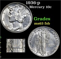 1936-p Mercury Dime 10c Grades Select Unc FSB