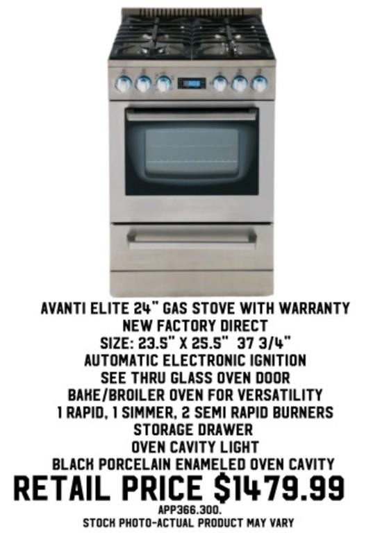 Avanti Elite 24" Gas Stove w/ Warranty