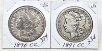 1890-CC, ’91-CC Silver Dollars VG