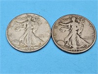 1933S Silver Walking Liberty Haslf Dollars 2 Coins