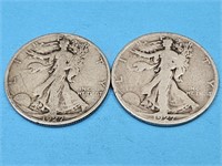 1927S Silver Walking Liberty Half Dollar 2 Coins