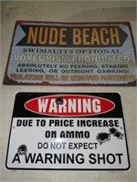 NUDE BEACH & WARNING TIN ADV SIGNS