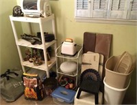 plastic shelf, metal rack, trash cans, step stools