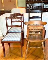Pair of chairs with Rose back splat, blue checked