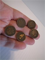 5 Indian Head Pennies 1890-1902-1905-1906-1907
