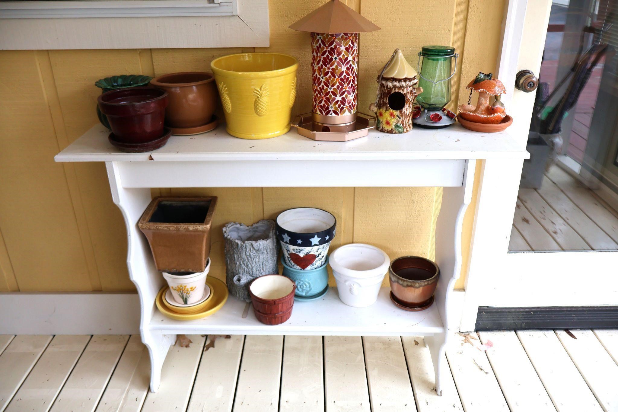 15+Terracotta Planters, Pots, Bird Feeders + Shelf