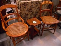 2 Walnut Cane Seat Chairs & Plant Stand