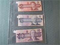 TWO, FIVE & TEN DOLLAR BILLS - 1986, 1986 & 1989