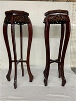 2 WOODEN ORNATE  MARBLE TOP PLANT STANDS