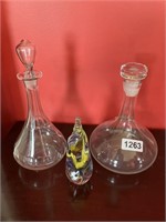 2 Blown Glass Decanters & Paperweight