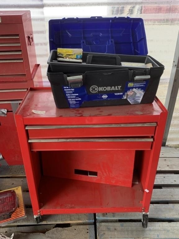 Lot with a tool cart 28" x 24" x 12" and 3 empty p