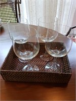 Set of Four Crystal Wine Glasses in Basket Tray