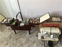 Singer sewing machine, sewing box