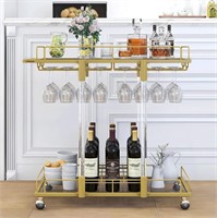 O&K FURNITURE Gold Bar Cart with Wine Rack & Glass