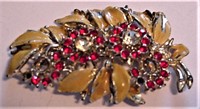 Goldtone Brooch w/ Red & Clear Rhinestones