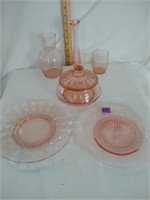 Pink depression glass plates, candy dish, vases