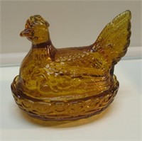 AMBER GLASS HEN ON NEST AND (2) CARNIVAL GLASS