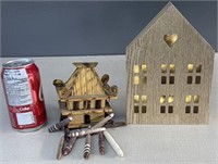 Wooden Tea Light House and Small Bird House