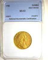 1700 Gold Guinea NNC MS63 Great Britain