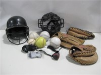 Baseball Helmet, Catchers Mask, Gloves & Balls