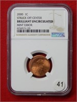 2000 Lincoln Cent Off Center Punch NGC BU