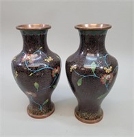 2 Chinese Copper Enamel Floral Vases vtg