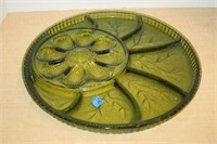 VINTAGE GREEN GLASS RELISH/EGG PLATE