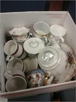 Box of various ceramic dishware