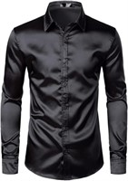 Men's Black Satin Luxury Dress Shirts Silk Smooth
