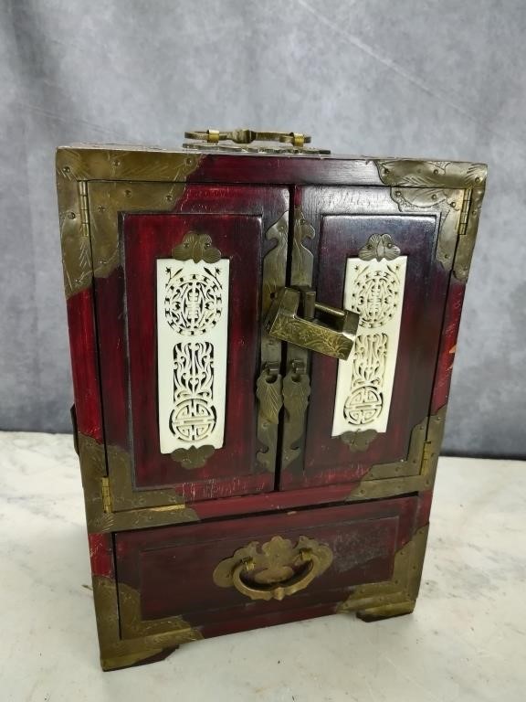 Chinese Rosewood & Brass 4-Drawer Jewelry Box