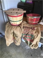 2 strawberry baskets, 2 burlap sacks