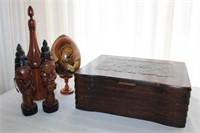 WOODEN CHEST, WOODEN FIGURINES, ETC.