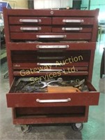 Red Tool Box on Wheels with Assorted Tools