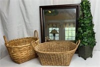Wall Mirror, Baskets & Faux Topiary