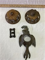 Oil lamp holders, wall bracket, rooster.