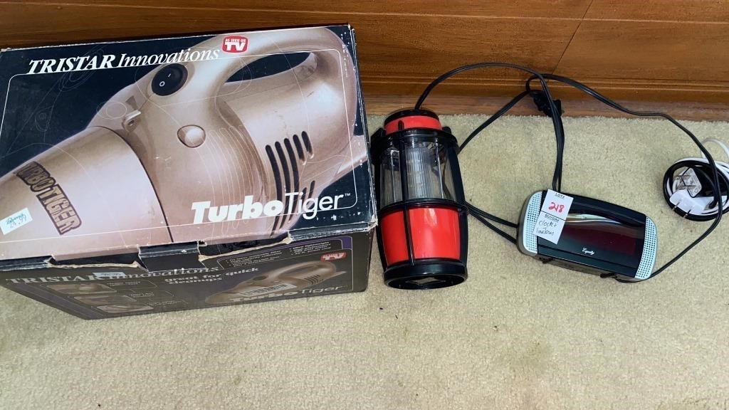 Turbo tiger hand held vac, lantern, Equity alarm