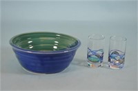 Pottery Bowl and 2 Shot Glasses