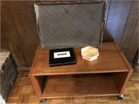 MCM TV Stand, metal over wood tray, cigar box &