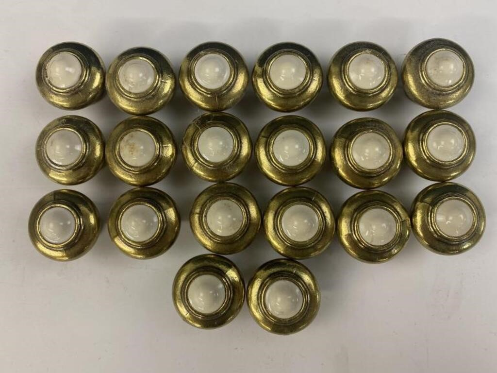 (20) Brass cabinet knobs with white ceramic