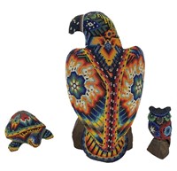 3 BEADED MEXICAN HUICHOL WOOD CARVINGS,  TURTLE